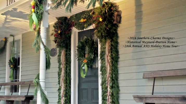 Front Door Post-Bellum/Pre-Victorian Christmas Designs by Southern-Charmz Interiors. What a delightful fresh evergreen display of Cedar, Magnolia, Frasier fir, Conifer, Pampass plumes, fruits and feathers.