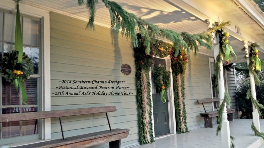 The Christmas Spirit abounds throughout the Maynard-Pearson each December. The evergreen fragrance welcomes the Christmas Season and quietly beckons visitors to sit a spell and enjoy the delightful festive porch.